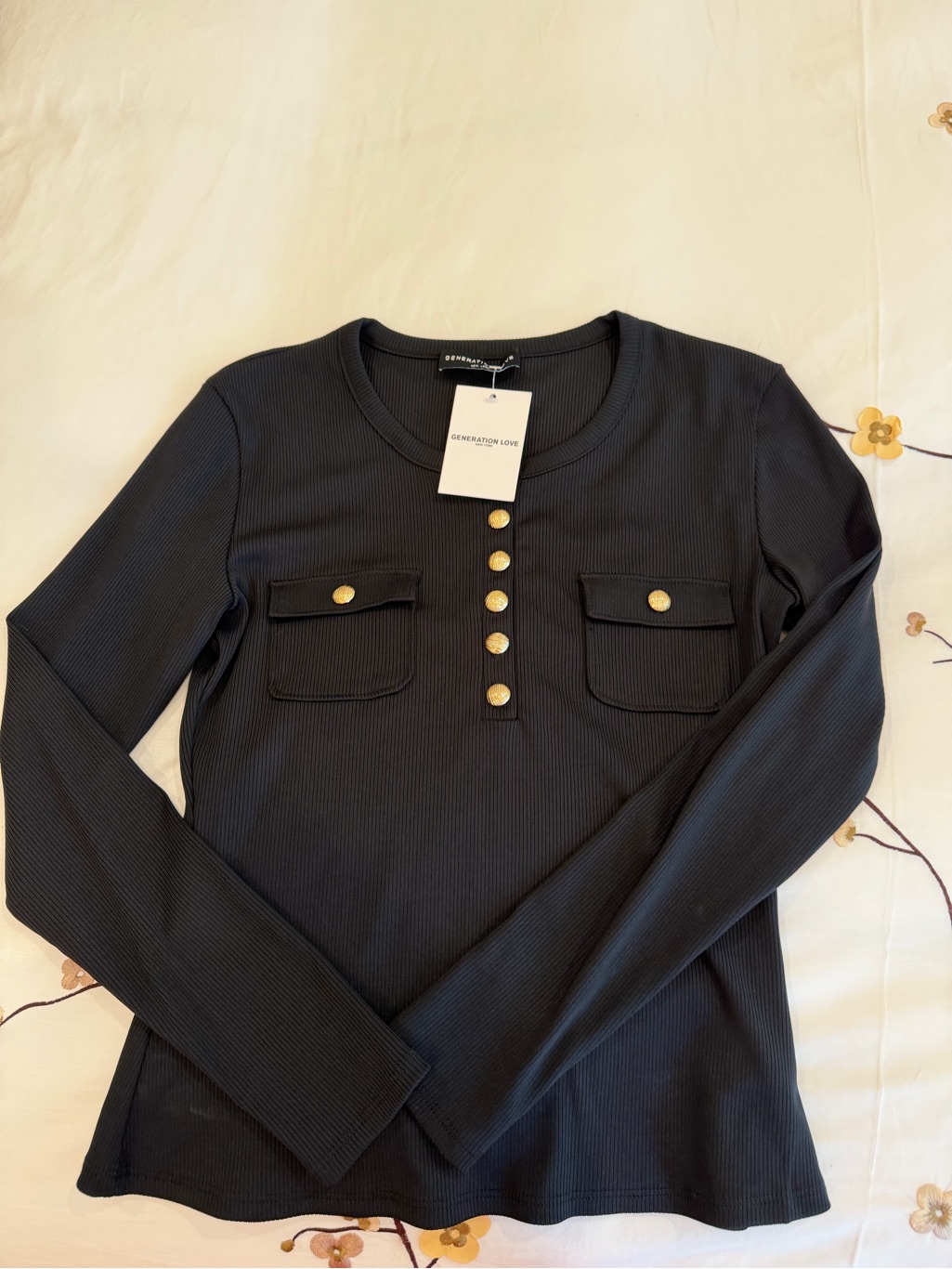 Generation Love Black Ribbed Long Sleeve Top With Gold Buttons